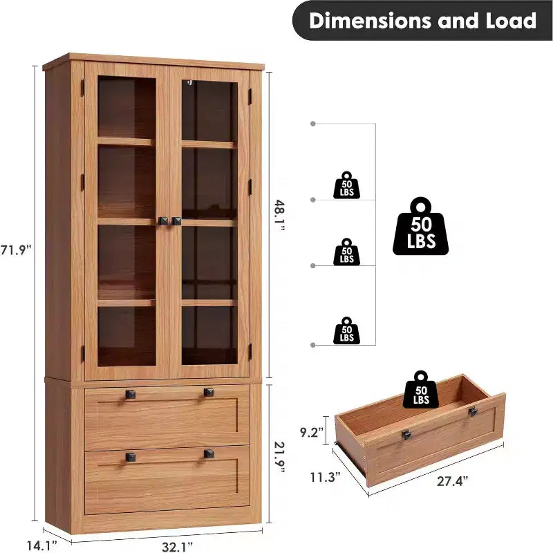 Küchenschrank im Landhausstil mit Glastüren, 72in hoher Vorratsschrank mit Schubladen und verstellbaren Einlegeböden für Esszimmer, Badezimmer und Wohnzimmer
