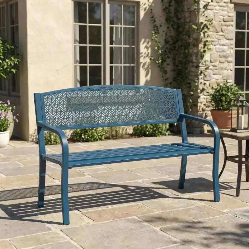 Panchina da esterno in metallo per 2 persone, panca in acciaio con schienale geometrico per patio, giardino e veranda