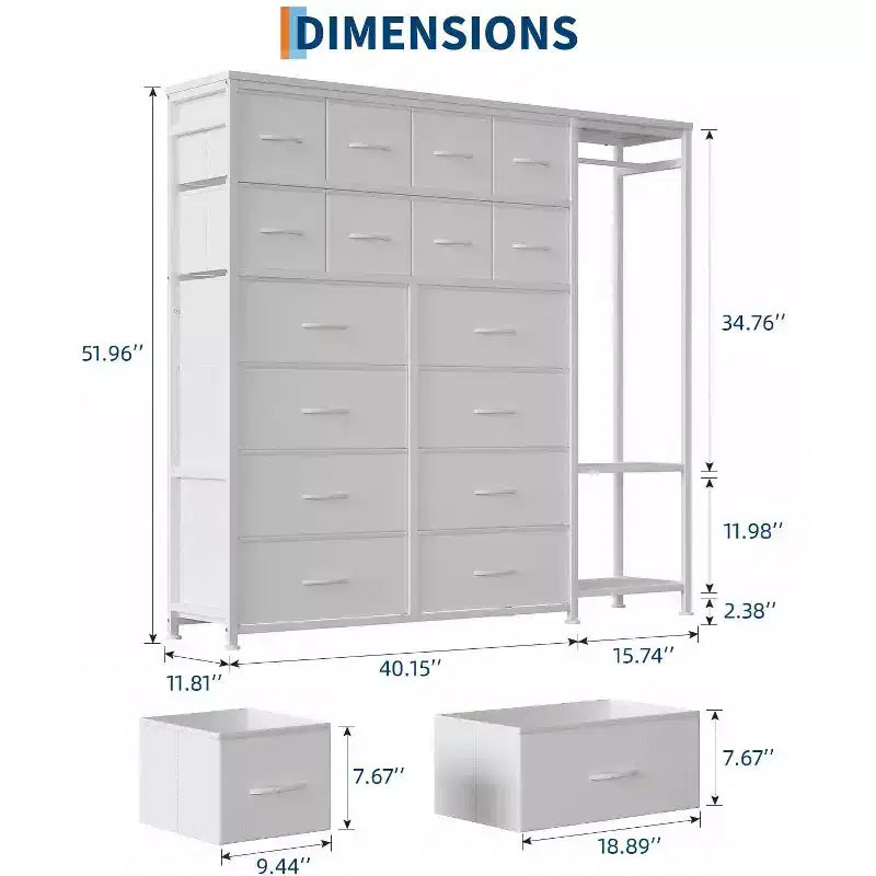Commode avec 16 tiroirs, tringle de penderie et étagères, organisateur de rangement en tissu pour chambre, placard ou entrée