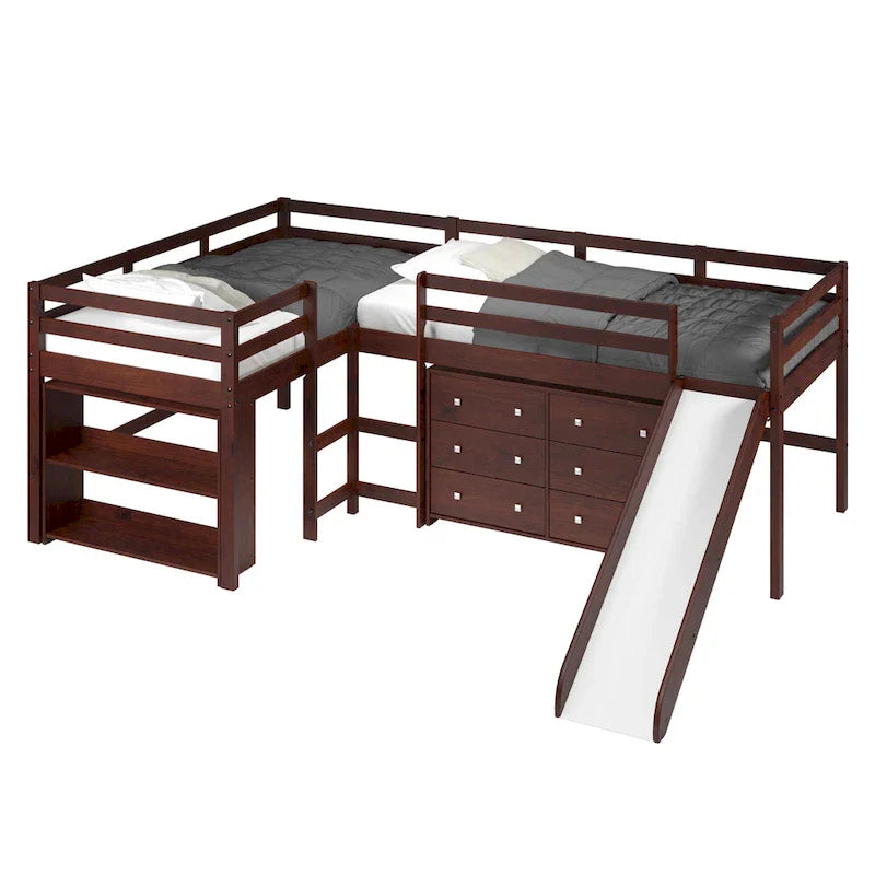 Ensemble de chambre mezzanine avec lits superposés doubles et toboggan en L, finition cappuccino foncé