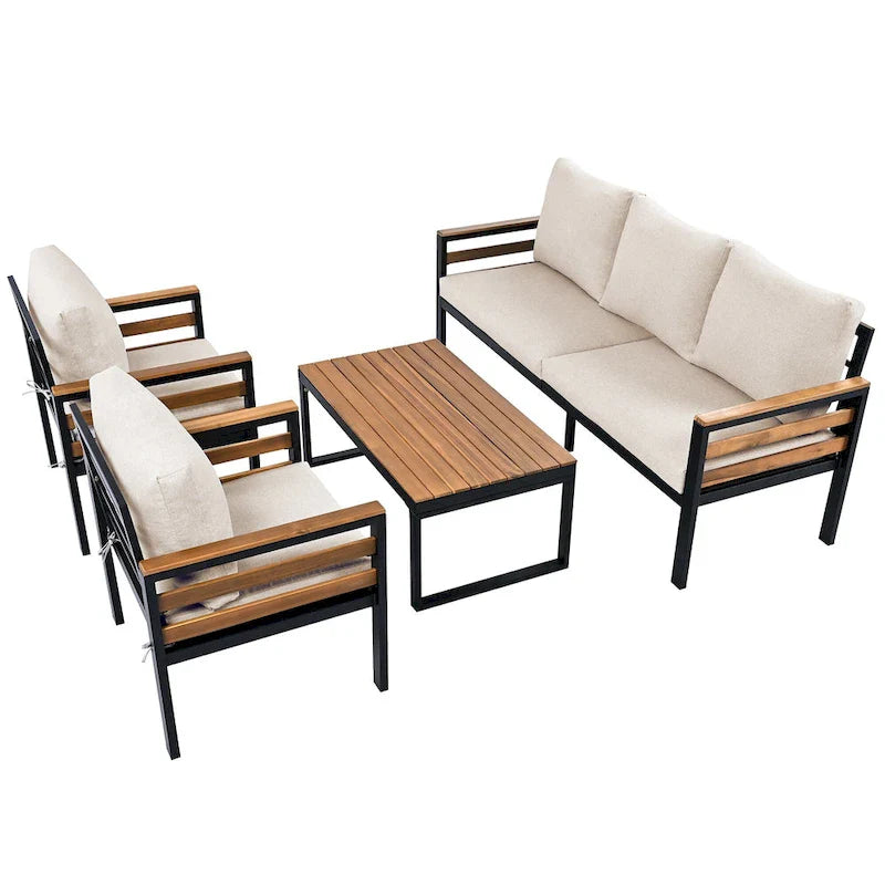 Ensemble de canapé d'extérieur 4 pièces pour 5 personnes, avec table basse en bois massif et coussins amovibles