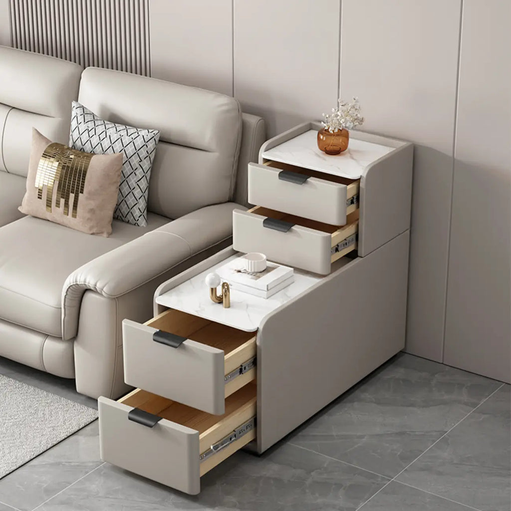 Hoher Sofa-Beistelltisch in L-Form aus Holz mit Steinplatte und 4 Schubladen