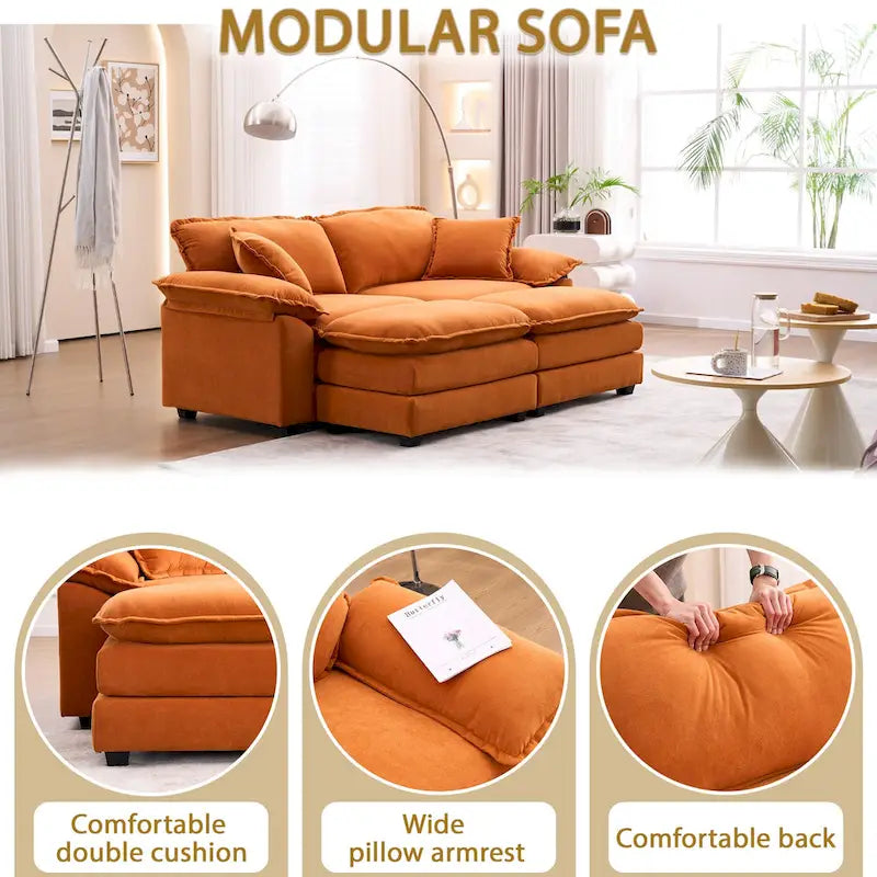 2-Sitzer-Sofa mit 2 Sitzkissen, 2 Kissen und 2 Hockern, bequemes Sofa - tiefes Sofa fürs Wohnzimmer, modulares Sofa