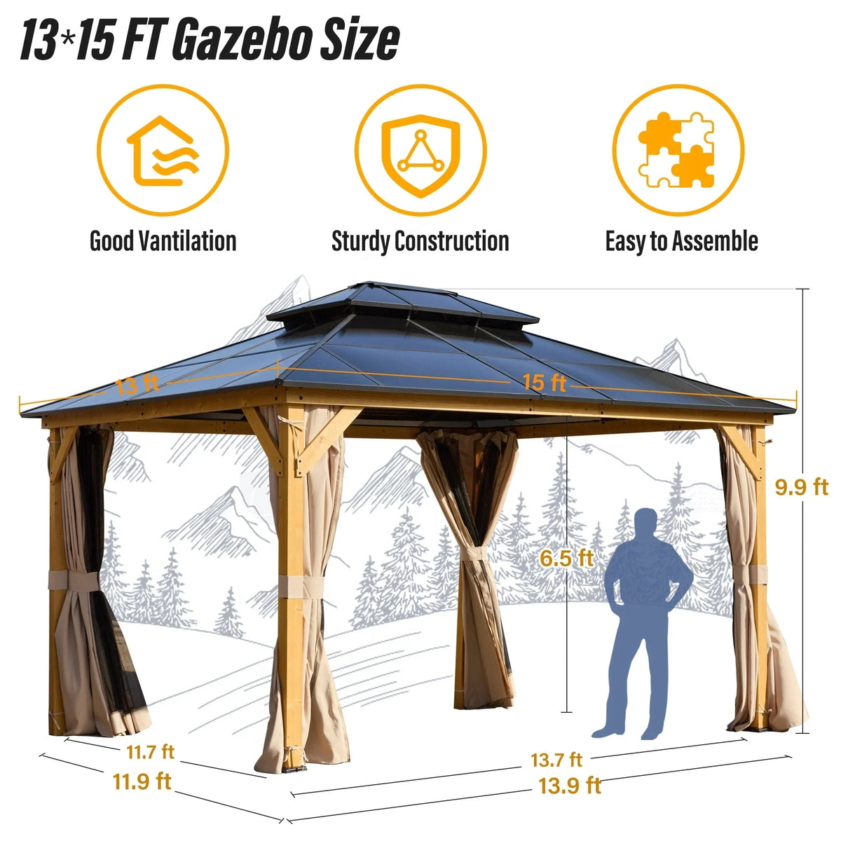 Gazebo EROMMY con tetto rigido, pergola da esterno con doppio tetto, rete e tende, copertura robusta per patio, giardino e feste in piscina