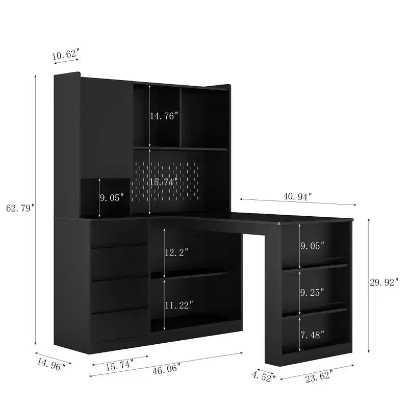 Hoekbureau van 46 inch in L-vorm met boekenplank en lades