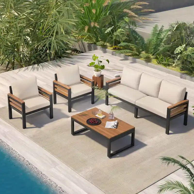 Ensemble de canapé d'extérieur 4 pièces pour 5 personnes, avec table basse en bois massif et coussins amovibles