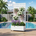 MAYEERTY weißer rechteckiger Pflanzkasten aus Schmiedeeisen mit Rankgitter (Harold Wide-Narrow B Louvered), 72x35x16, 5-teiliges Gartendekor für drinnen und draußen