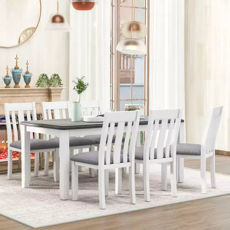 Uitschuifbare eethoekset in landelijke stijl voor 6 personen, rechthoekige tafel en 6 gestoffeerde stoelen