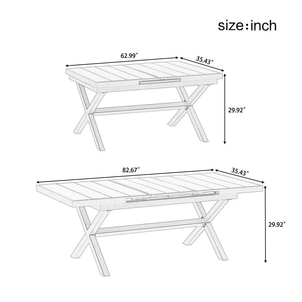 Set da pranzo da esterno moderno da 7 pezzi con sei sedie e un tavolo allungabile per il patio