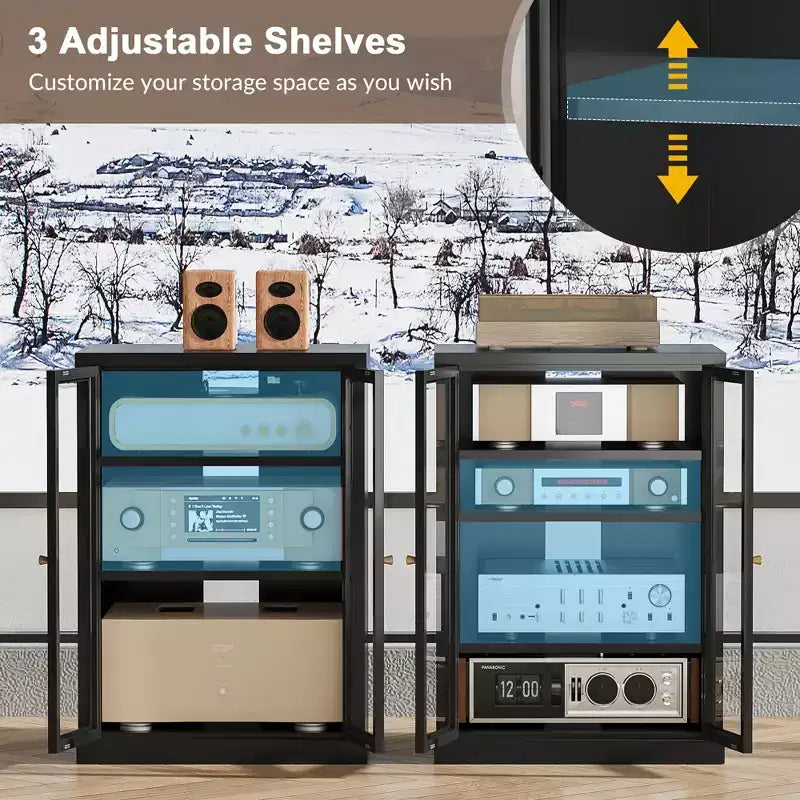 Meuble multimédia en métal Bekrvio, meuble stéréo à 4 niveaux avec portes en verre et étagères réglables, rack audio et audiovisuel avec gestion des câbles