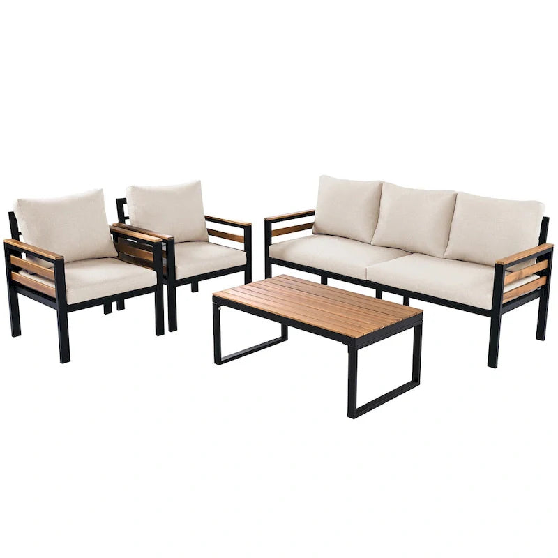 Ensemble de canapé d'extérieur 4 pièces pour 5 personnes, avec table basse en bois massif et coussins amovibles