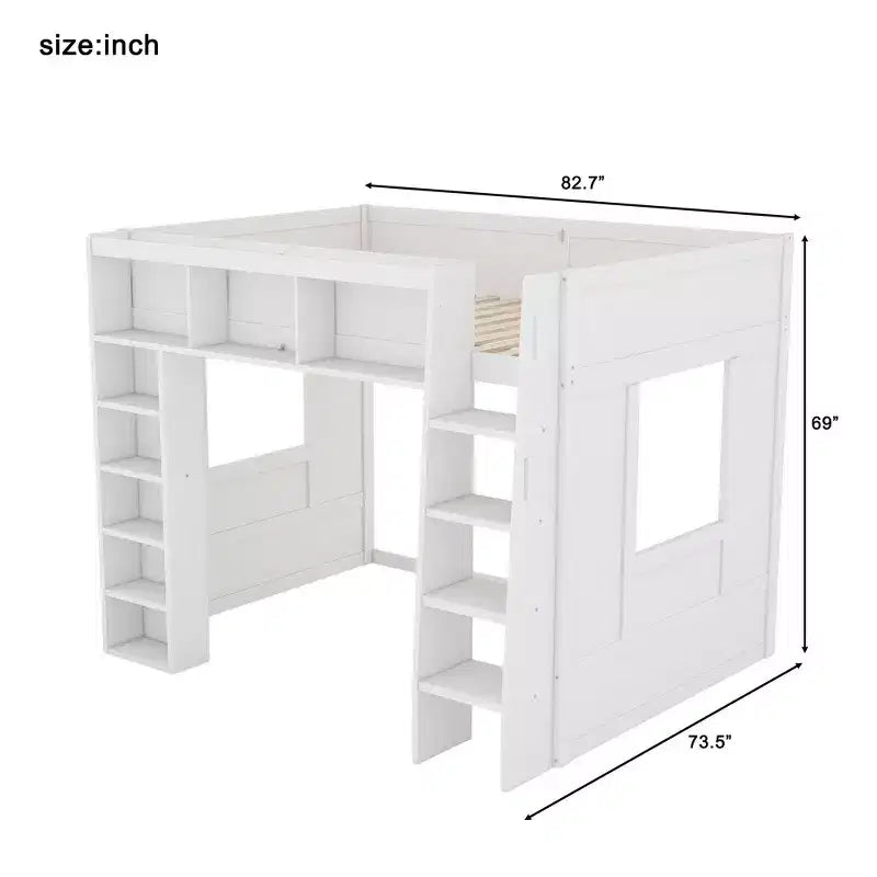 Struttura letto a soppalco in legno Whisen Queen Size con armadietti e ripiani contenitori