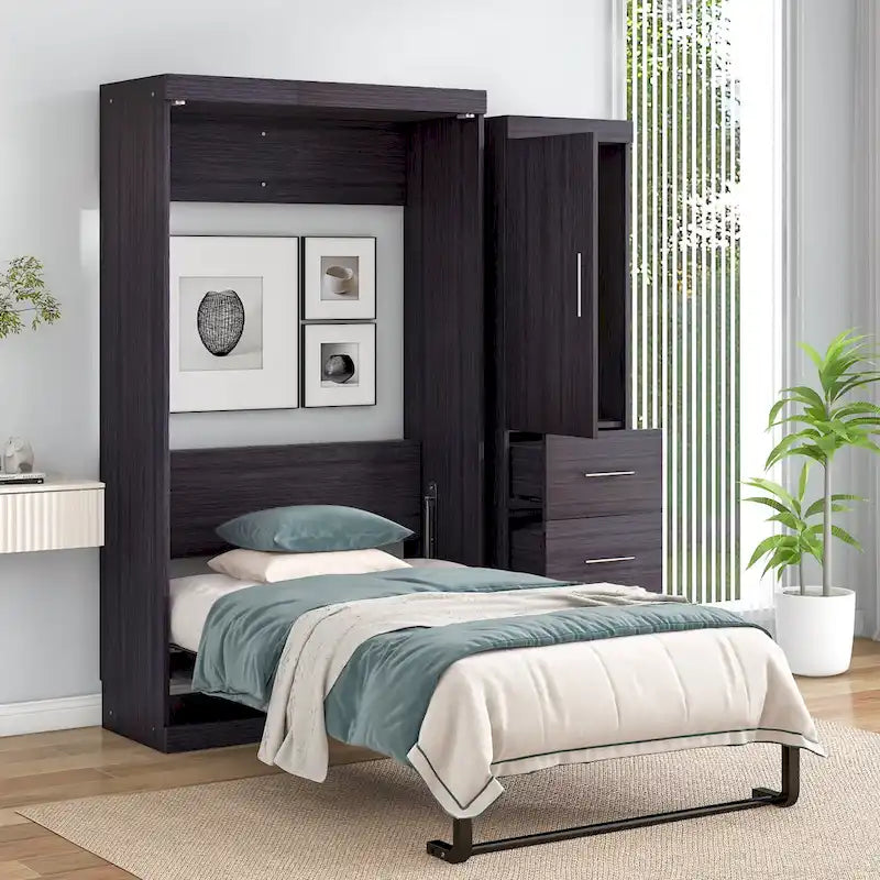 Grijs opklapbaar wandbed met kledingkast en 3 laden, tweepersoonsbed/eenpersoonsbed, voor 1 persoon