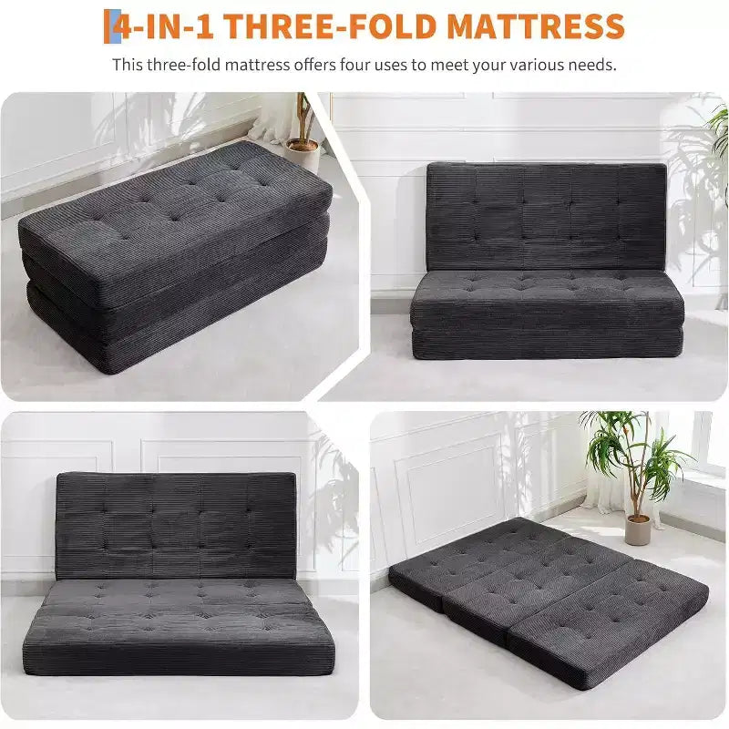 SunnyFurn drievoudig opvouwbaar matras en slaapbank van 6 Inch, opvouwbaar schuimrubberen logeerbed van 75X54.3 met geribde ribfluweelbekleding, draagbaar voor kamperen, woonkamer en slaapkamer