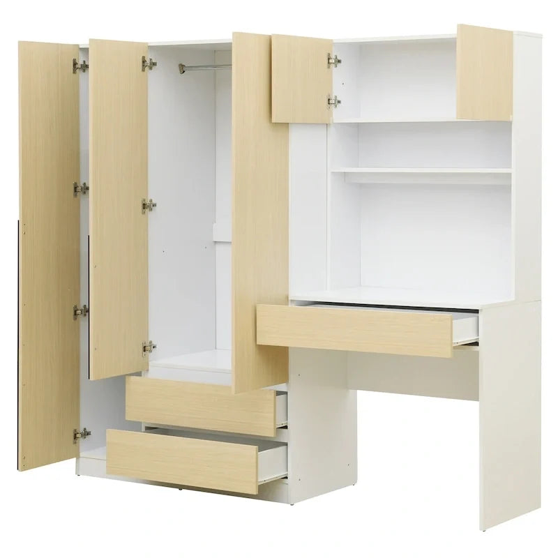 Armoire 3-en-1 avec coiffeuse et bureau, armoire de chambre avec 2 tiroirs et 3 portes de rangement