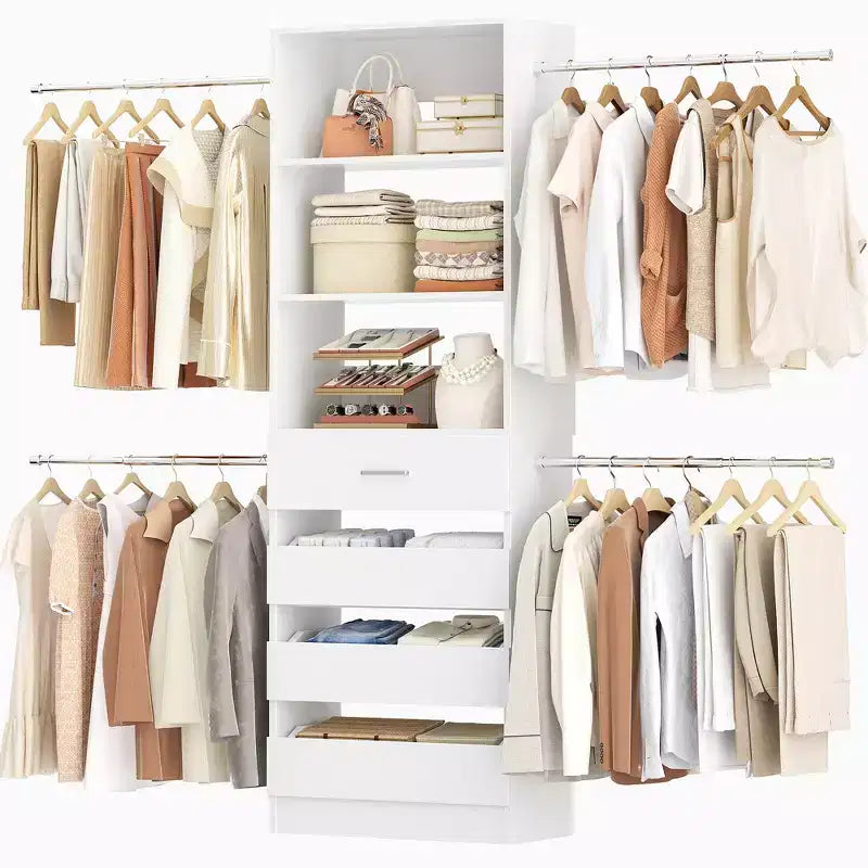 Système d'aménagement de dressing en bois Besiost de 4 à 9 pi avec 4 tiroirs, 4 tringles et des colonnes d'étagères