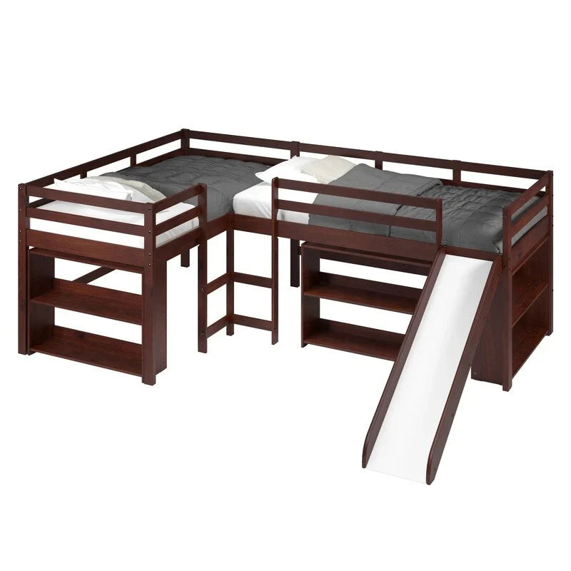 Ensemble de chambre mezzanine avec lits superposés doubles et toboggan en L, finition cappuccino foncé