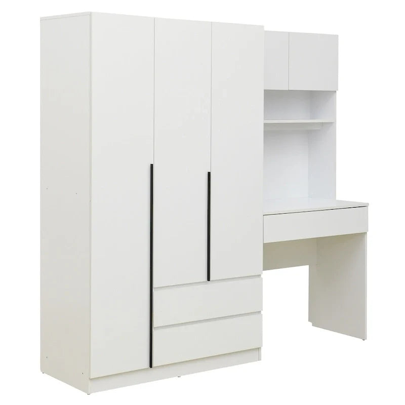 Armoire 3-en-1 avec coiffeuse et bureau, armoire de chambre avec 2 tiroirs et 3 portes de rangement