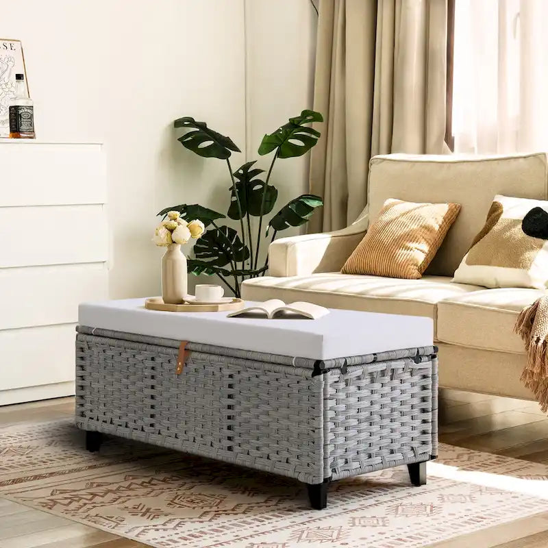 Banc de rangement en osier avec coussin pour chambre, salon ou véranda - 18.5 H X 43.3 W X 18.5 P