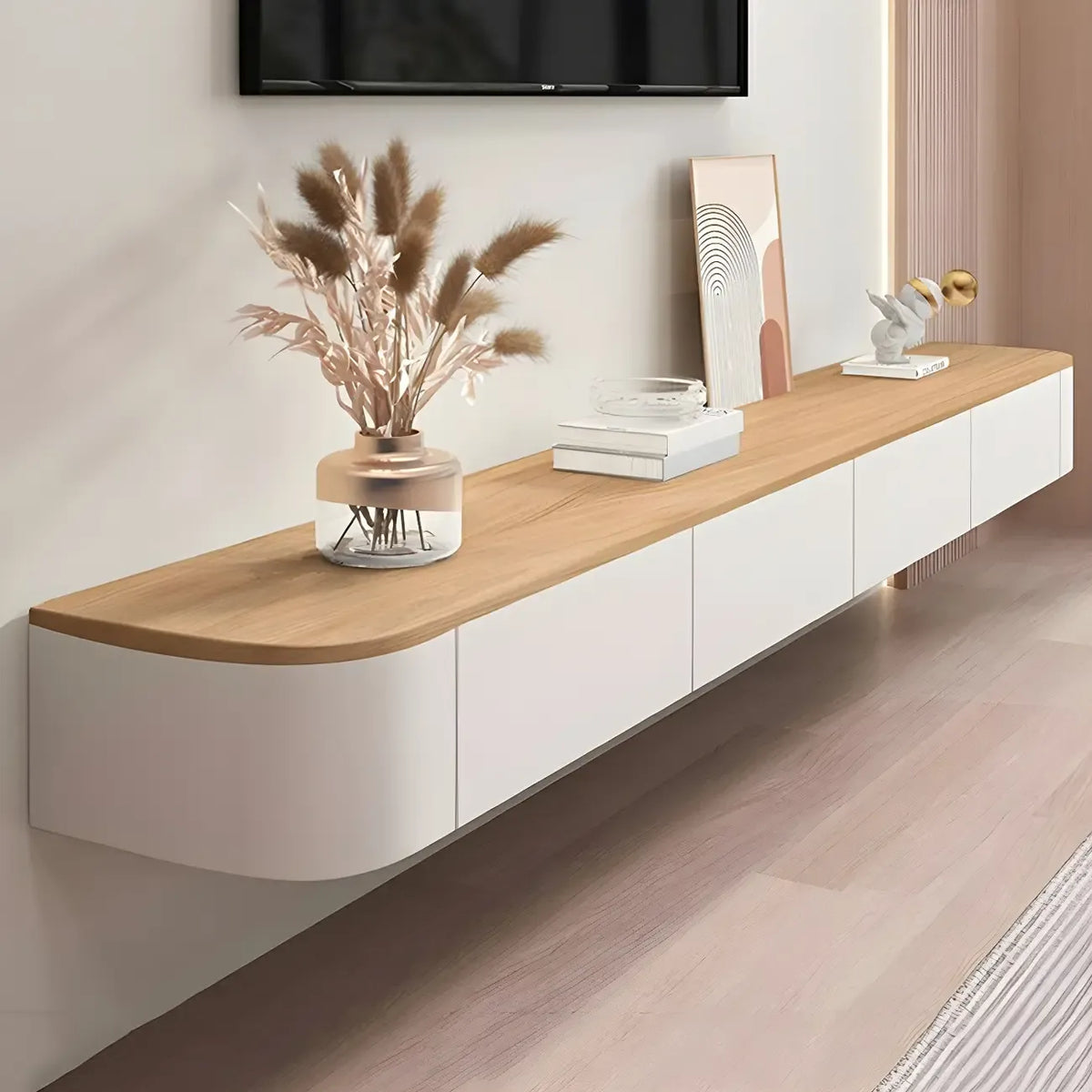 Meuble TV suspendu contemporain, long, en bois blanc, avec tiroirs