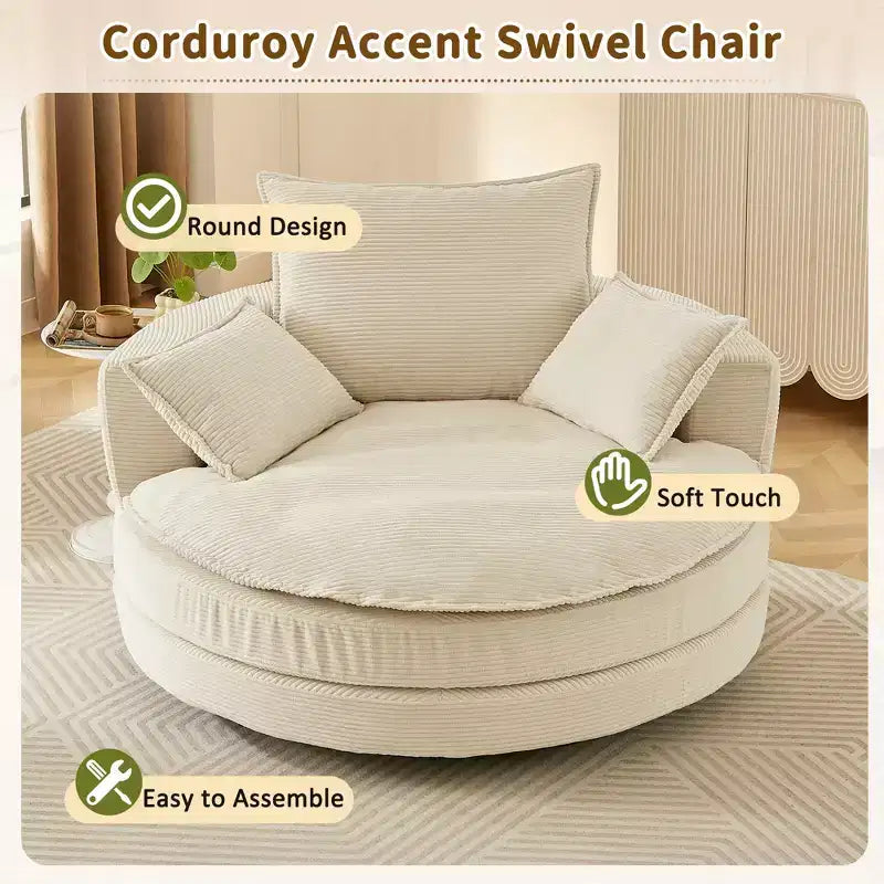 Fauteuil d’appoint pivotant à 360°, fauteuil tonneau rond pivotant avec coussin pour le salon