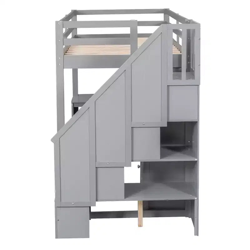 Hoogslaper voor een eenpersoonsmatras met L-vormig bureau, 3 laden, kast, opbergruimte in de trap, gemaakt van massief grenenhout/MDF