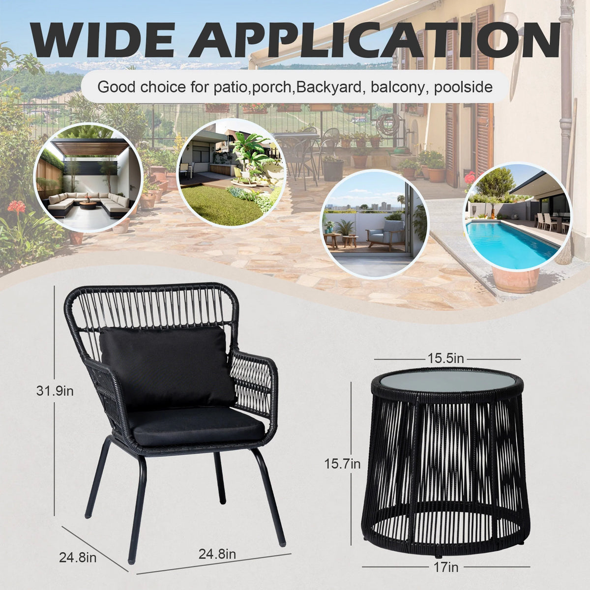 Ensemble bistro de jardin en osier de 3 pièces, ensemble de fauteuils de patio en rotin toutes saisons avec coussins