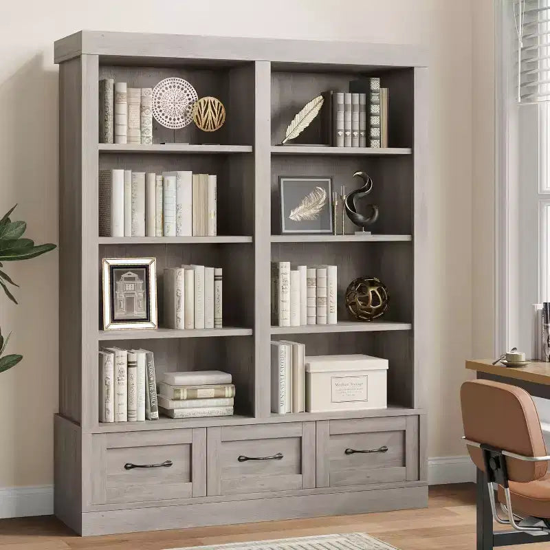 Boekenkasten van 64 H, boekenkast met 3 opberglades, 4 niveaus, extra brede open planken voor kantoor en woonkamer