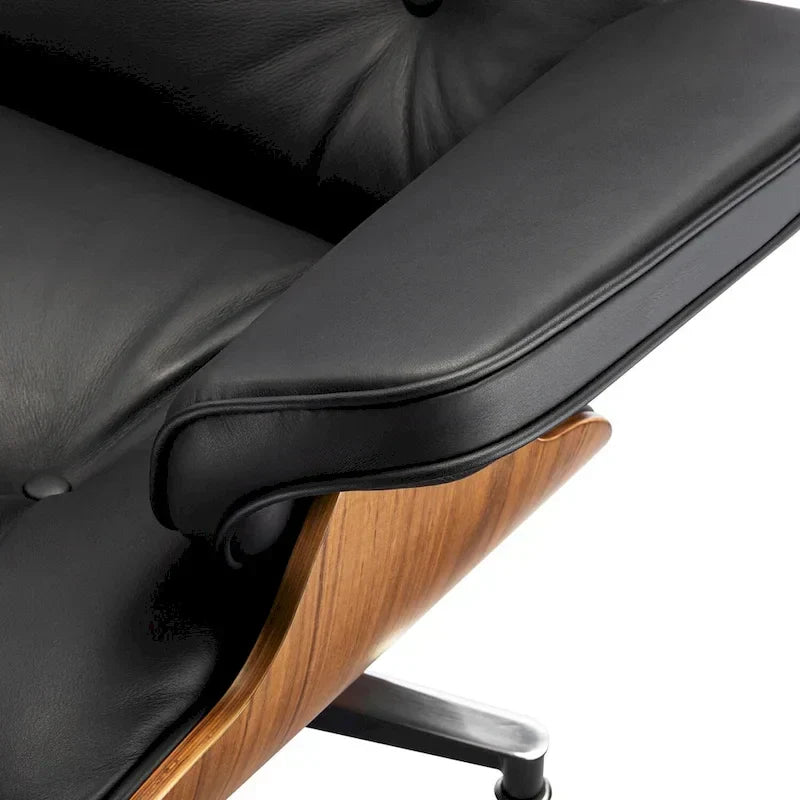 Fauteuil lounge d’appoint Furgle en cuir véritable avec pouf, bois de noyer