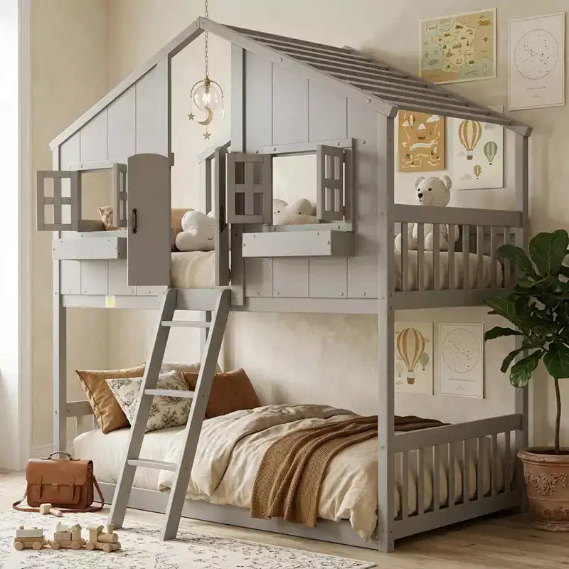 Letto a soppalco a forma di casetta per letto singolo, in legno, con scala e sponde di protezione per bambini