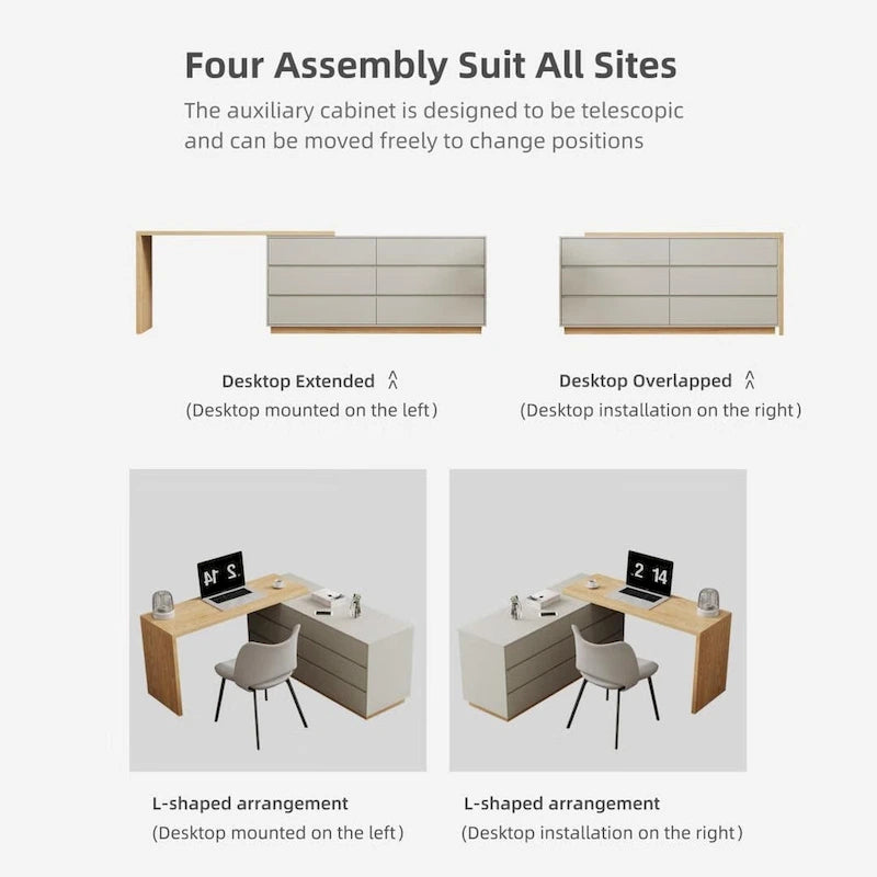 Bureau d’angle blanc de 55.2 pouces avec 6 tiroirs de rangement