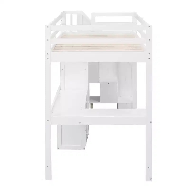 Hoogslaper voor een eenpersoonsmatras met L-vormig bureau, 3 laden, kast, opbergruimte in de trap, gemaakt van massief grenenhout/MDF