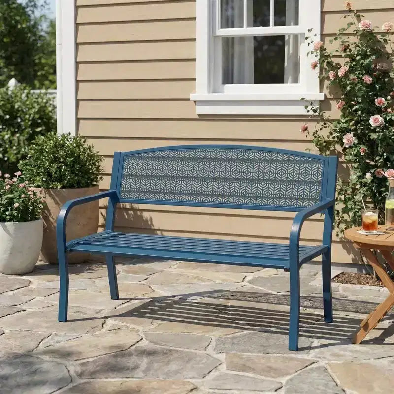 Panchina da esterno in metallo per 2 persone, panca in acciaio con schienale geometrico per patio, giardino e veranda