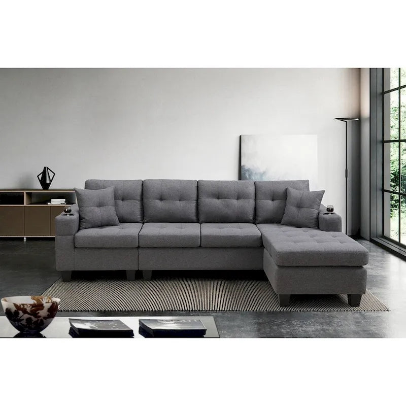 Canapé modulaire pour salon avec méridienne en forme de L et porte-gobelet
