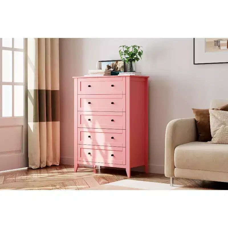 Cassettiera alta 42.5 pollici con 5 cassetti per camera da letto, mobile contenitore in legno con cassetti profondi 11.9 pollici e pomelli in metallo dorato, ideale per ingresso o corridoio