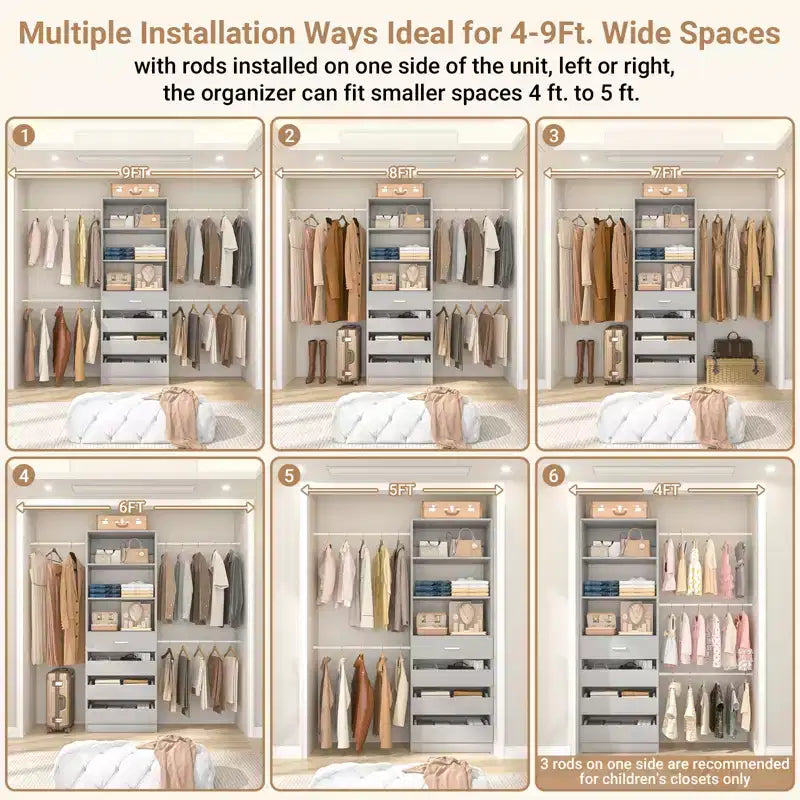 Système d'aménagement de dressing en bois Besiost de 4 à 9 pi avec 4 tiroirs, 4 tringles et des colonnes d'étagères