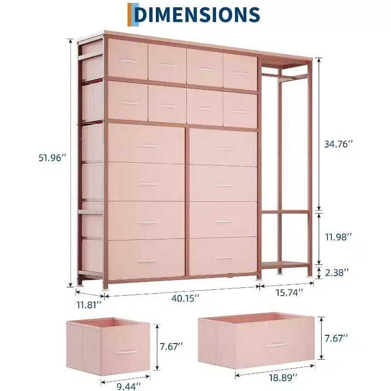 Commode avec 16 tiroirs, tringle de penderie et étagères, organisateur de rangement en tissu pour chambre, placard ou entrée