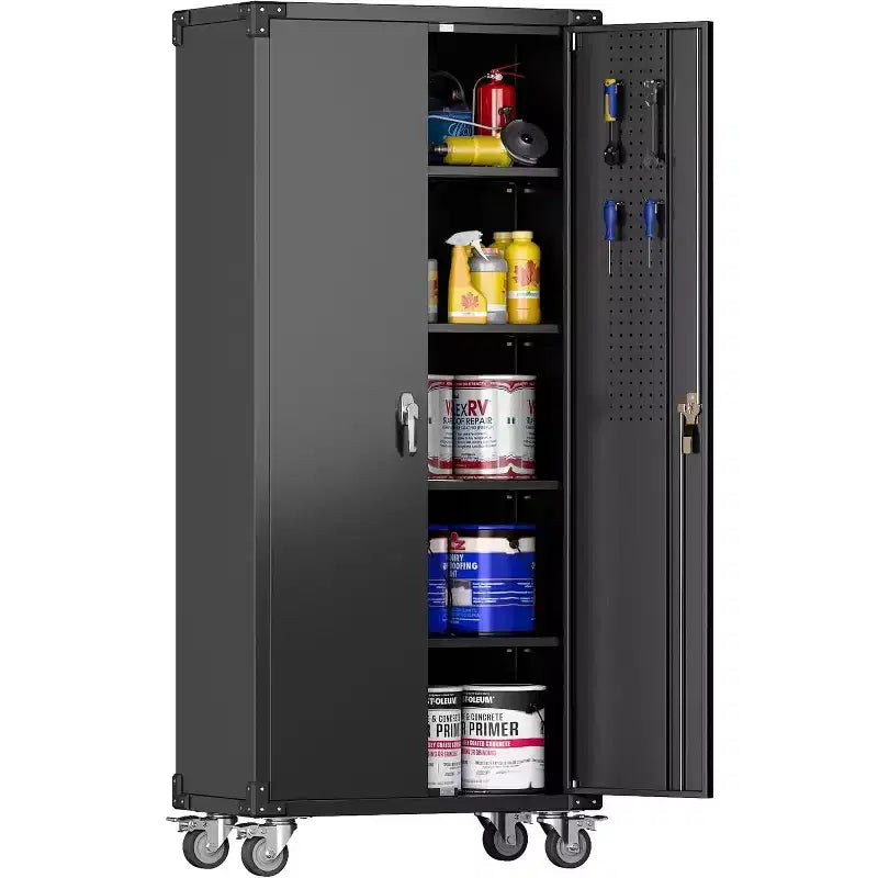Armoire de rangement pour garage avec roulettes et panneau perforé, armoire métallique verrouillable de 72 H avec 2 portes et 4 étagères réglables pour atelier de garage