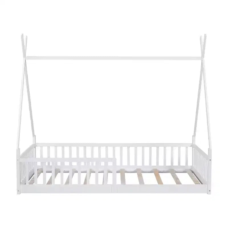 Vloerbed voor kinderen, tentbedden in eenpersoonsformaat, Montessori-vloerbed met latten en hekwerk, houten huisbedframe voor jongens en meisjes