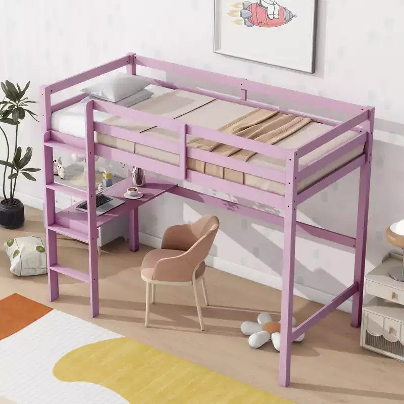 Okak minimalistisch hoogslaper met ladder, hoogslaper van rubberhout voor één persoon met veiligheidsreling en ingebouwd bureau, bedframes voor kinderen en tieners