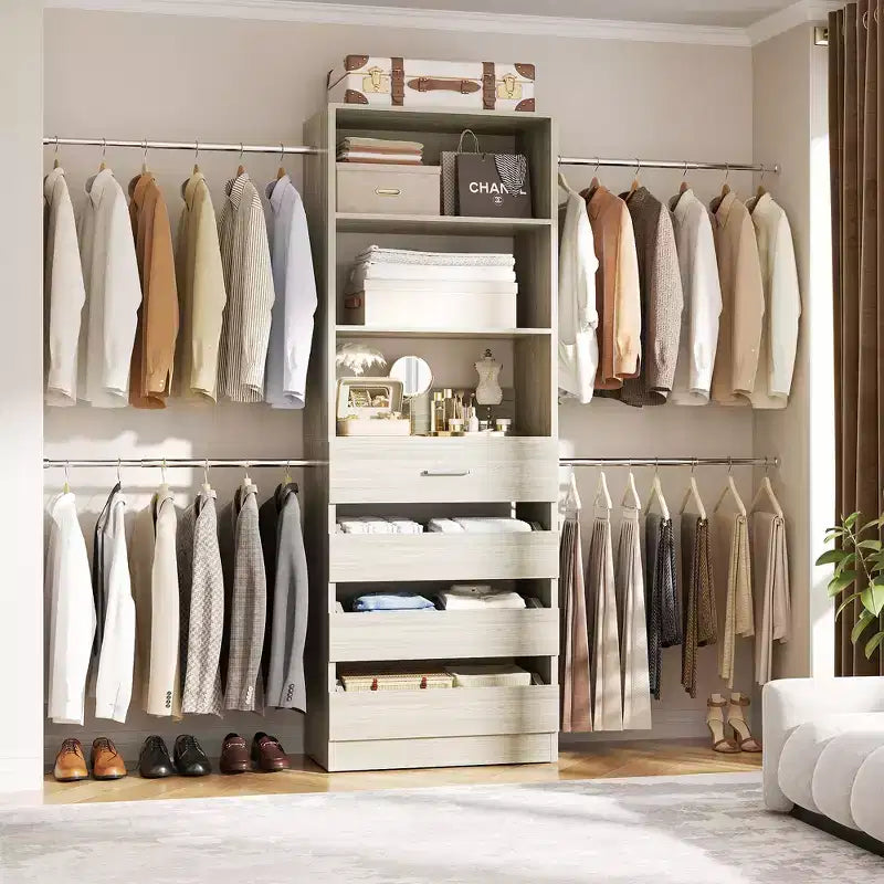 Système d'aménagement de dressing en bois Besiost de 4 à 9 pi avec 4 tiroirs, 4 tringles et des colonnes d'étagères