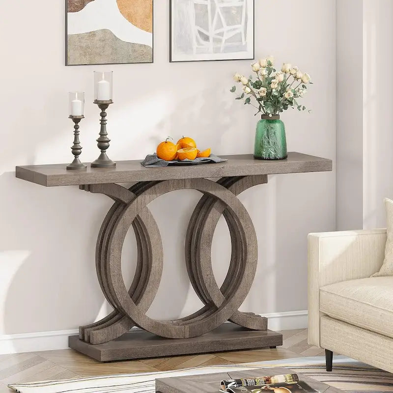 Table console vintage en bois pour couloir, avec piètement géométrique