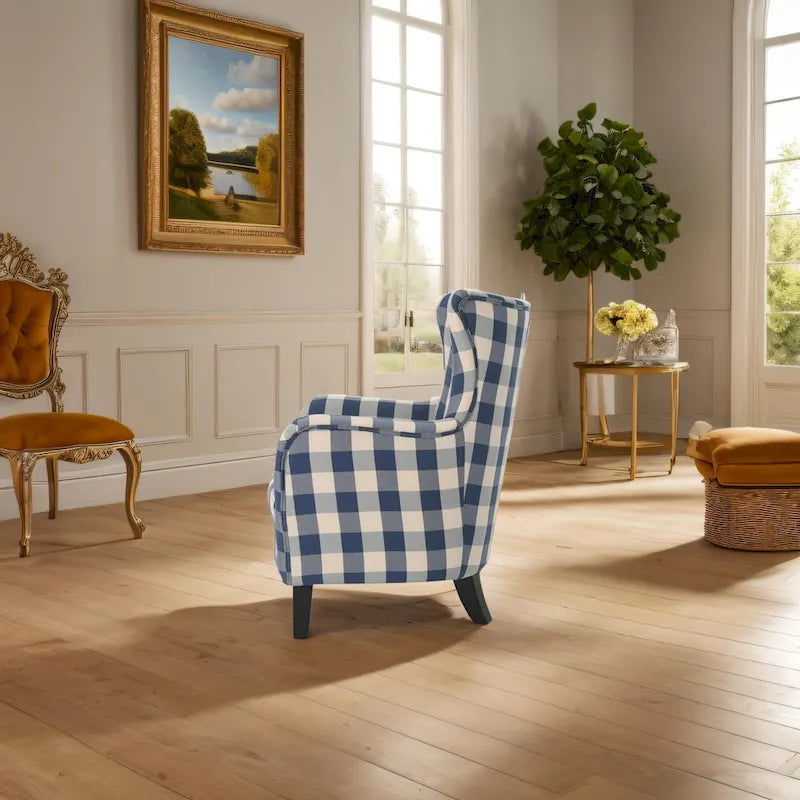 Moderner Retro-Polstersessel mit hoher Rückenlehne, 30.25 hoch, mit Holzbeinen fürs Wohnzimmer