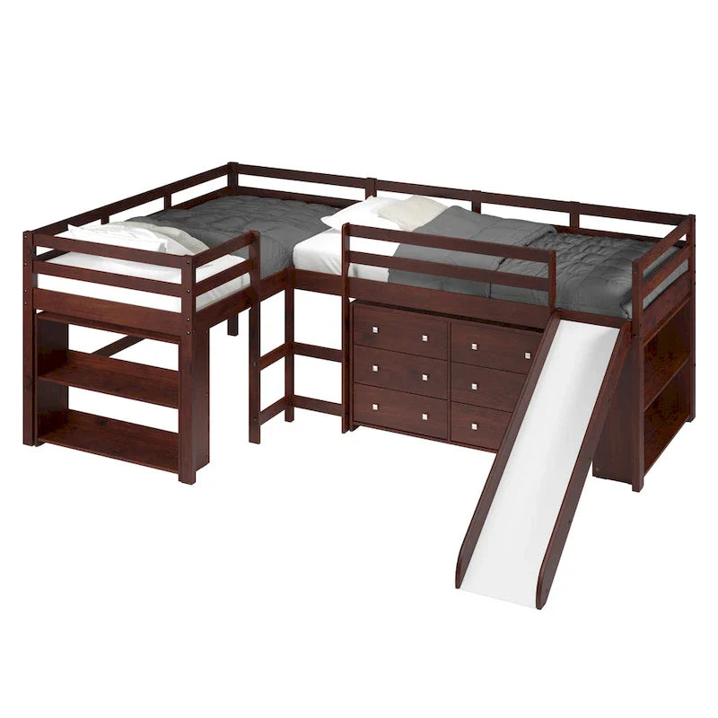 Ensemble de chambre mezzanine avec lits superposés doubles et toboggan en L, finition cappuccino foncé