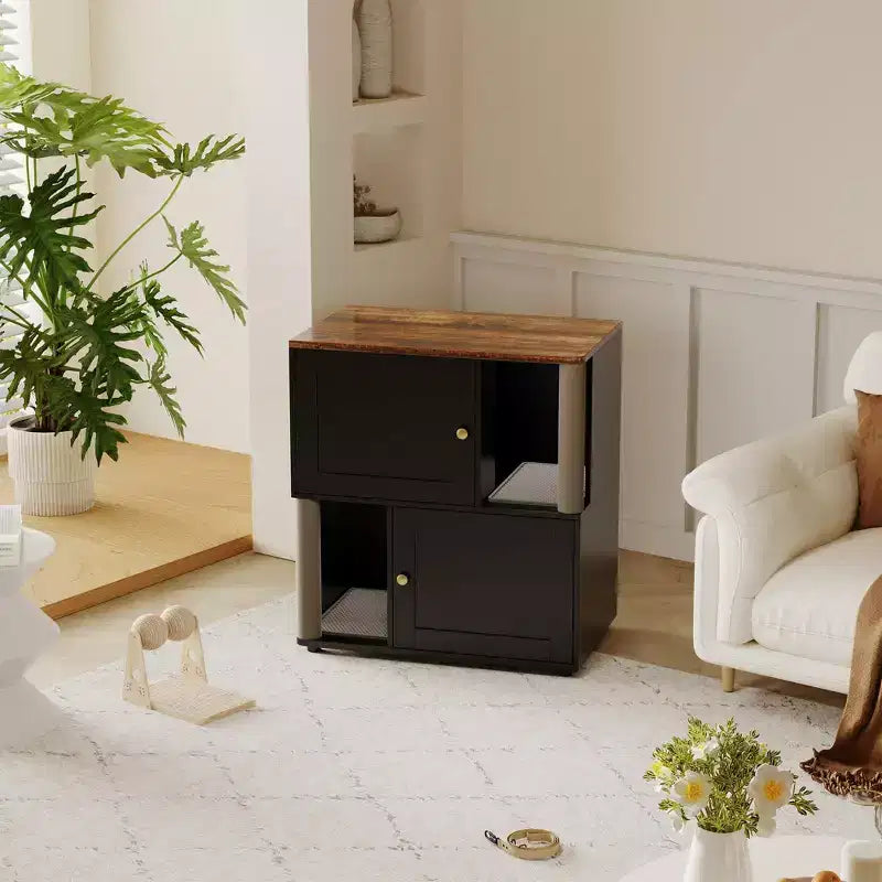 Katzentoiletten-Schrank mit zwei Bereichen, verstecktes geschlossenes Möbelstück für Katzentoiletten mit Kratzsäulen und doppellagigen Katzenstreumatten, Haustierhaus für den Innenbereich