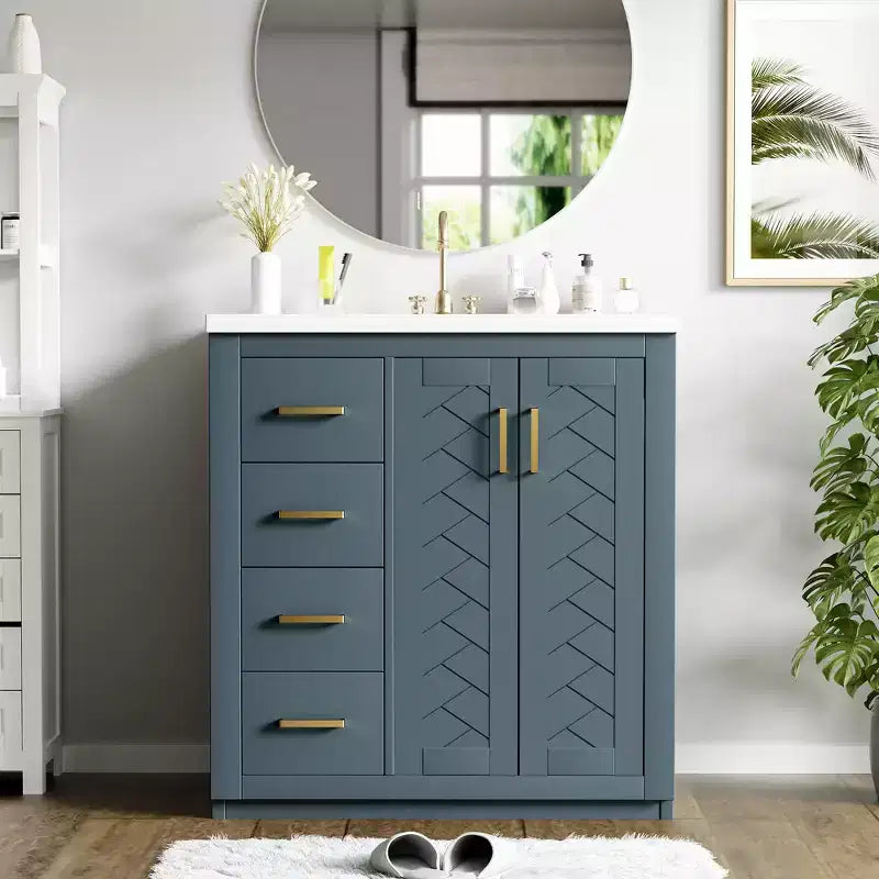 Badkamermeubel van 30 inch met enkele wastafel, kast en 3 laden - zwart / blauw / groen / indigo / wit