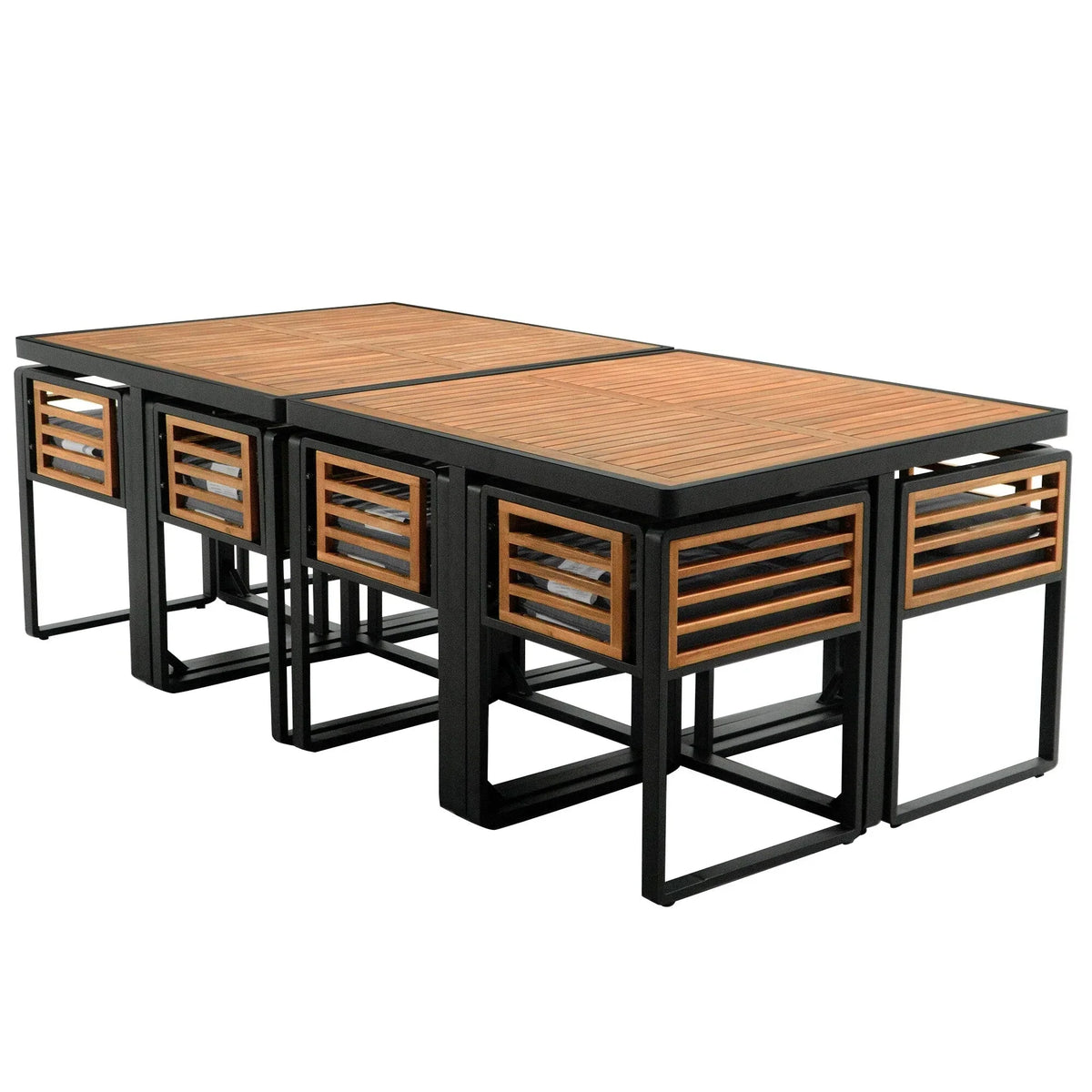 Eetset voor op het terras van acaciahout, 18-delig, met 8 stoelen met kussens, 8 ottomanen en 2 vierkante tafels