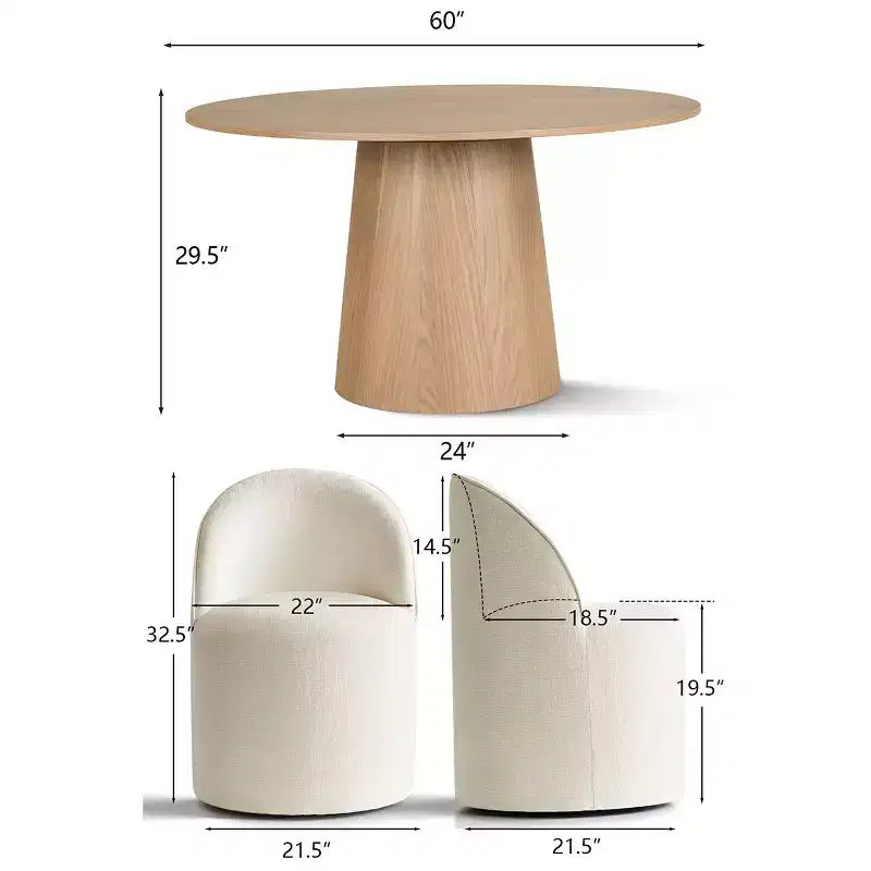 Moderne eethoek voor 6 personen, ronde eettafel met centrale voet, draaibare kuipstoelen op wieltjes, chenillestof met structuur - Panipeachy
