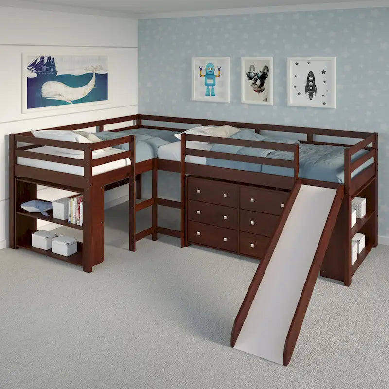 Ensemble de chambre mezzanine avec lits superposés doubles et toboggan en L, finition cappuccino foncé