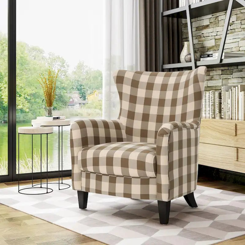 Moderner Retro-Polstersessel mit hoher Rückenlehne, 30.25 hoch, mit Holzbeinen fürs Wohnzimmer